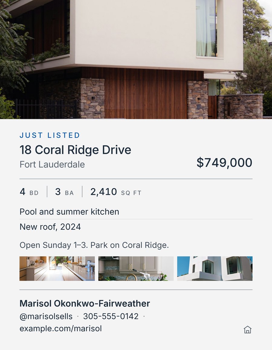 A listing flyer with a hero photograph, price and features