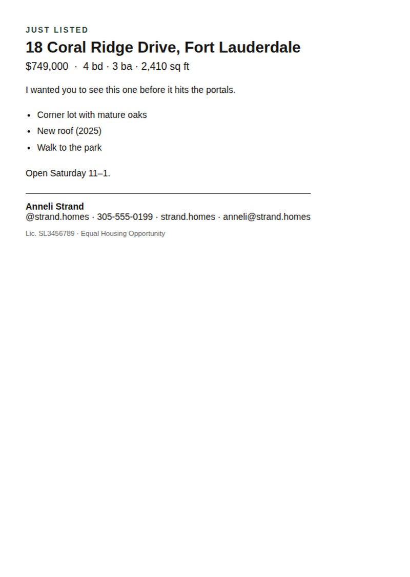 A listing email with address, price and features