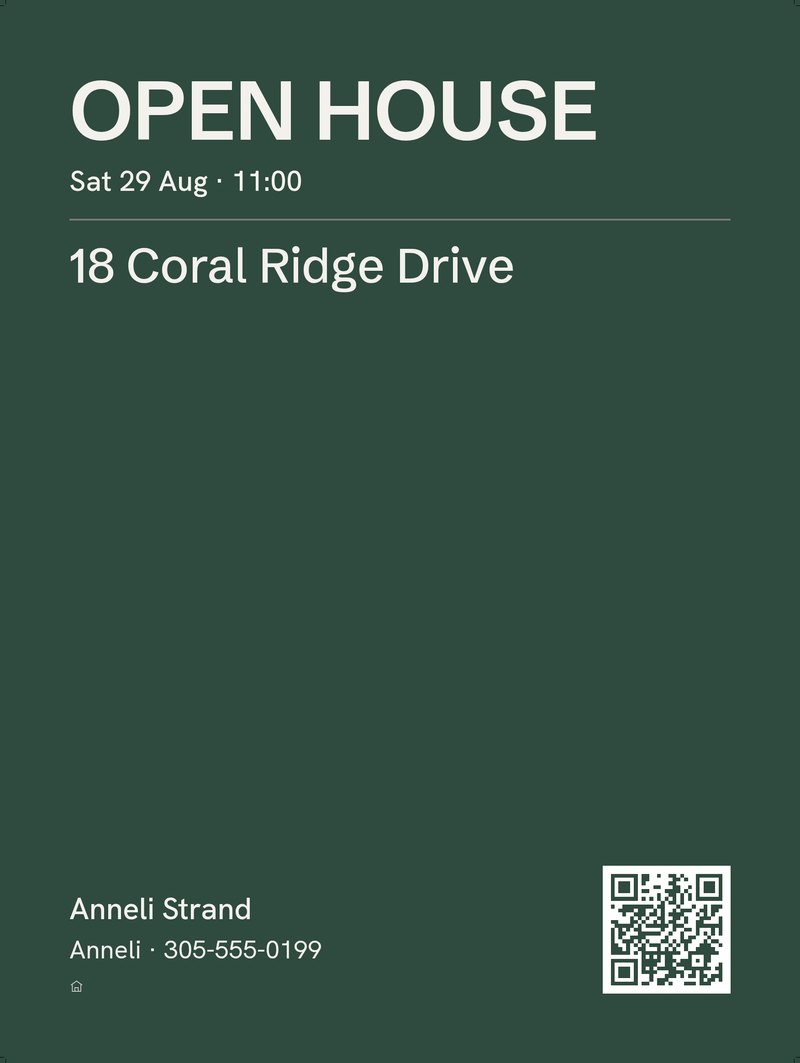An open house sign in a deep brand colour
